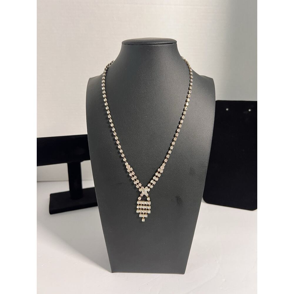 Vtg 1990’s Rhinestone Necklace Silver Tone Sparkle Statement Glam 17” L